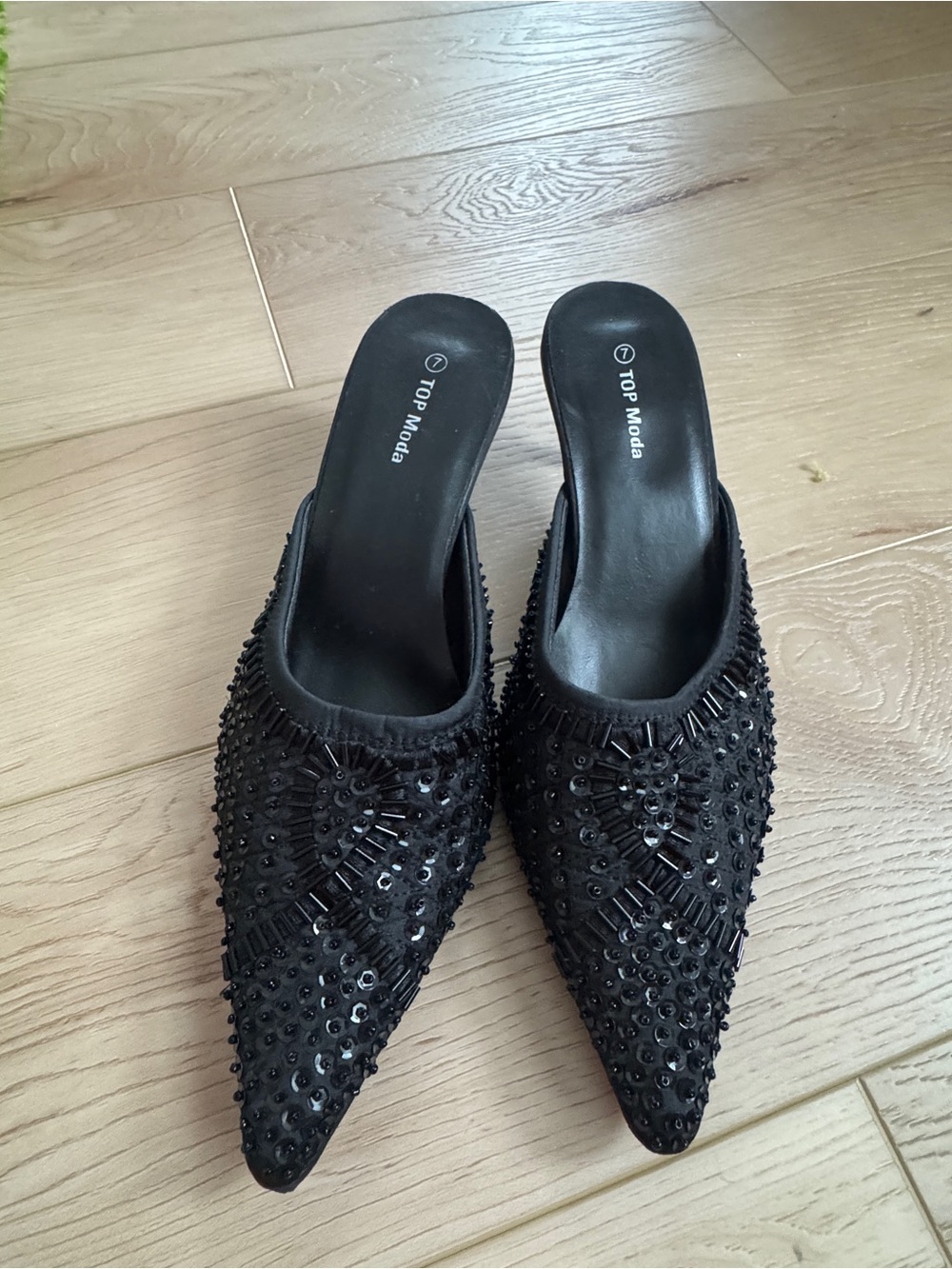 TOP Moda Black Beaded Pointed Slip-On Mules
